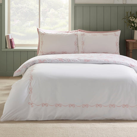 Catherine Lansfield Bow Embroidery Duvet Cover Set - White / Pink - Embroidery Bow Duvet Set