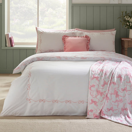 Catherine Lansfield Bow Embroidery Duvet Cover Set - White / Pink