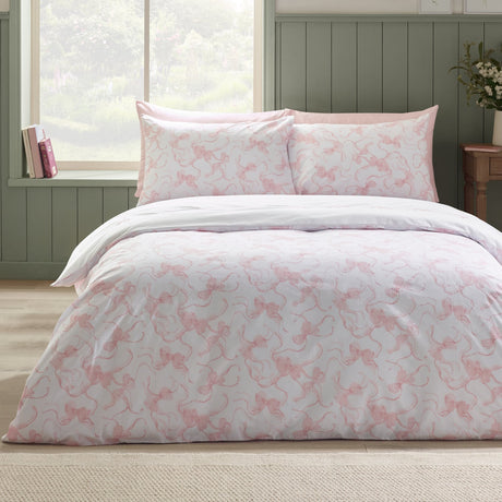Catherine Lansfield Bow Embroidery Duvet Cover Set - White / Pink - Embroidery Bow Duvet Set