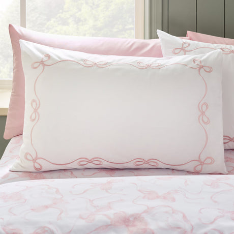 Catherine Lansfield Bow Embroidery Duvet Cover Set - White / Pink - Embroidery Bow Duvet Set