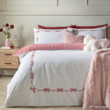 Catherine Lansfield Bow Embroidery Duvet Cover Set - White / Pink - Embroidery Bow Duvet Set
