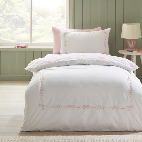 Catherine Lansfield Bow Embroidery Duvet Cover Set - White / Pink - Embroidery Bow Duvet Set Single