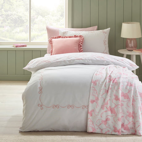Catherine Lansfield Bow Embroidery Duvet Cover Set - White / Pink - Embroidery Bow Duvet Set Single (With Accessories)