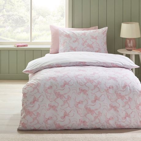 Catherine Lansfield Bow Embroidery Duvet Cover Set - White / Pink - Embroidery Bow Duvet Set Single