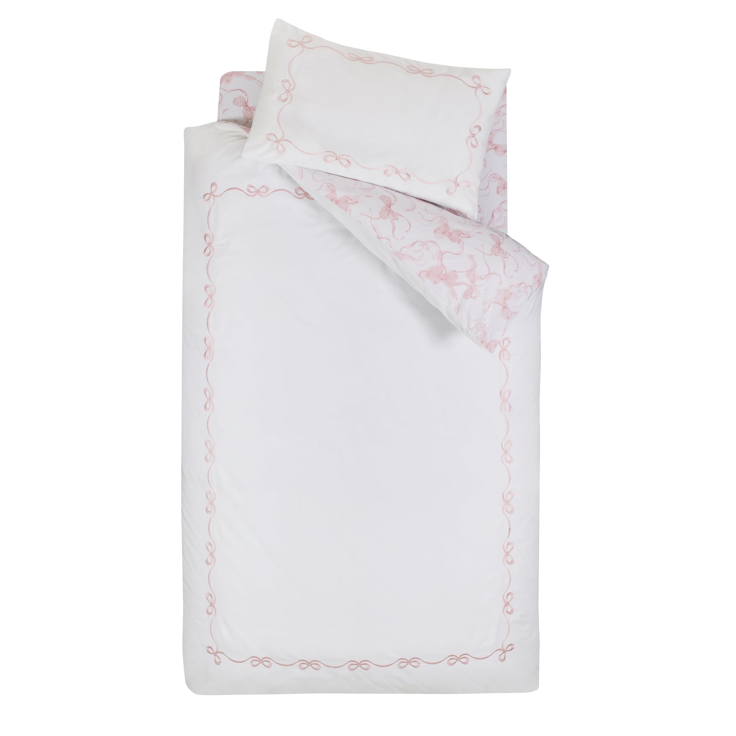 Catherine Lansfield Bow Embroidery Duvet Cover Set - White / Pink - Embroidery Bow Duvet Set Single