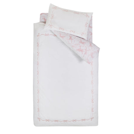 Catherine Lansfield Bow Embroidery Duvet Cover Set - White / Pink - Embroidery Bow Duvet Set Single
