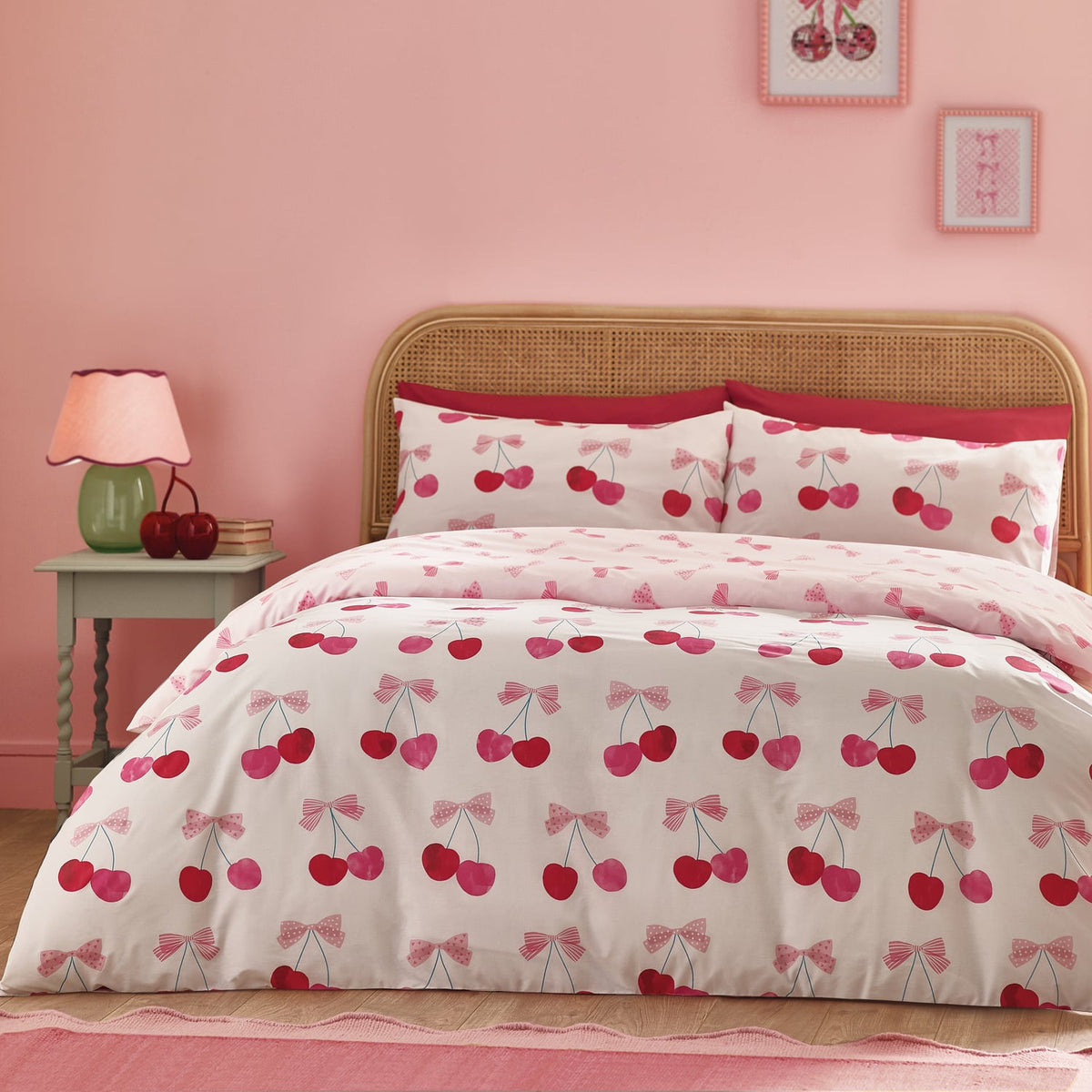 Catherine Lansfield Cherries and Bows Duvet Cover Set - Pink - Cherries And Bows (Double)