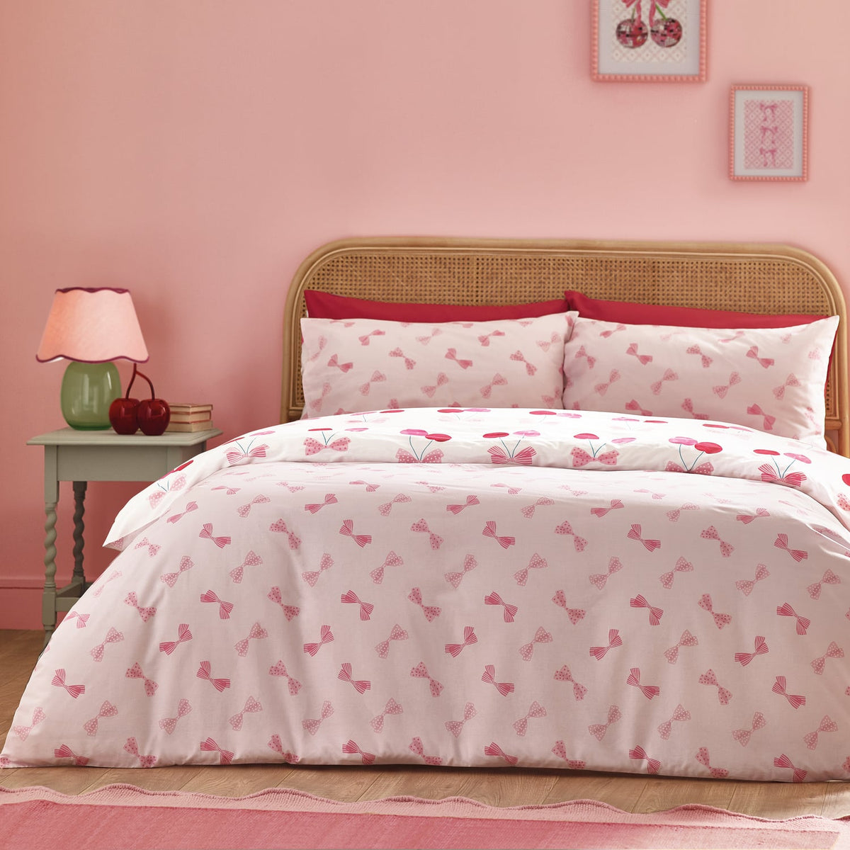Catherine Lansfield Cherries and Bows Duvet Cover Set - Pink - Cherries And Bows (Double)