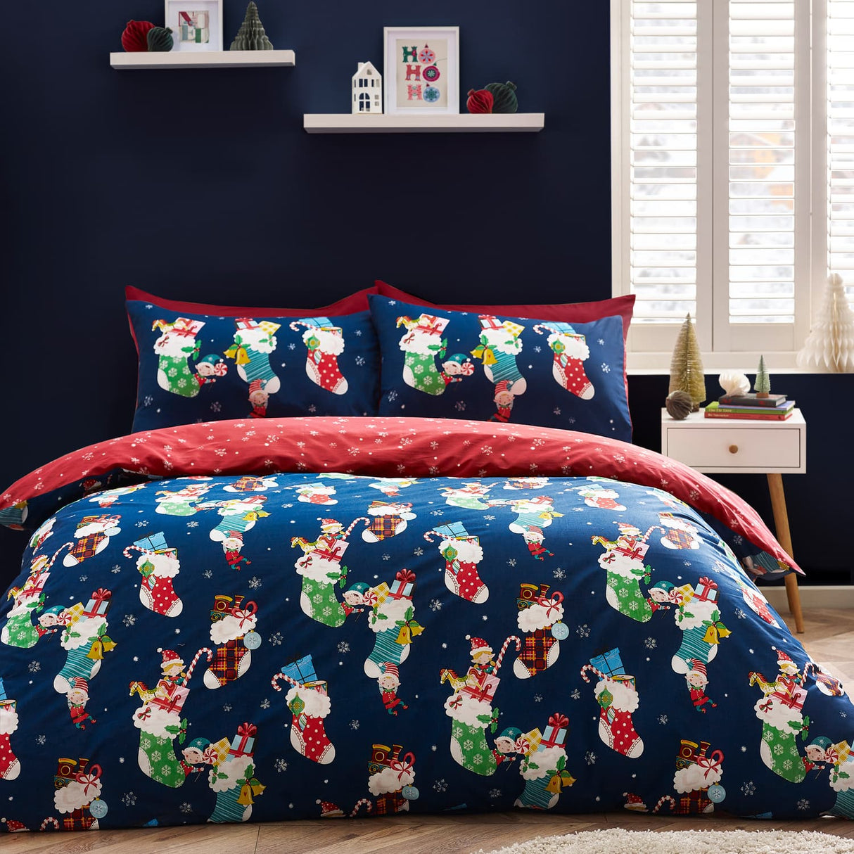 Catherine Lansfield Christmas Elves Festive Duvet Cover Set - Navy Blue - Christmas Elves Duvet Set