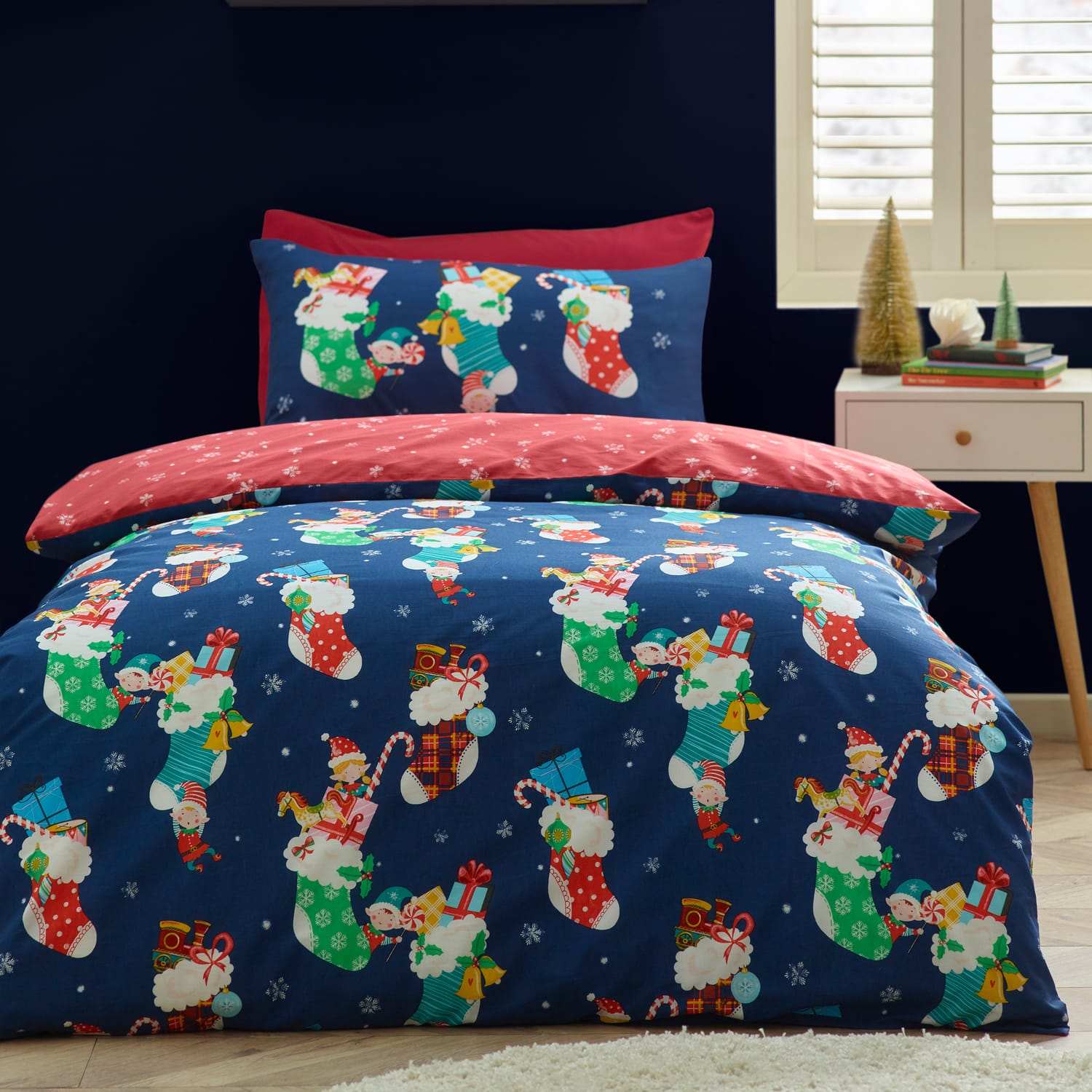Catherine Lansfield Christmas Elves Festive Duvet Cover Set - Navy Blue - Christmas Elves Duvet Set (Single)