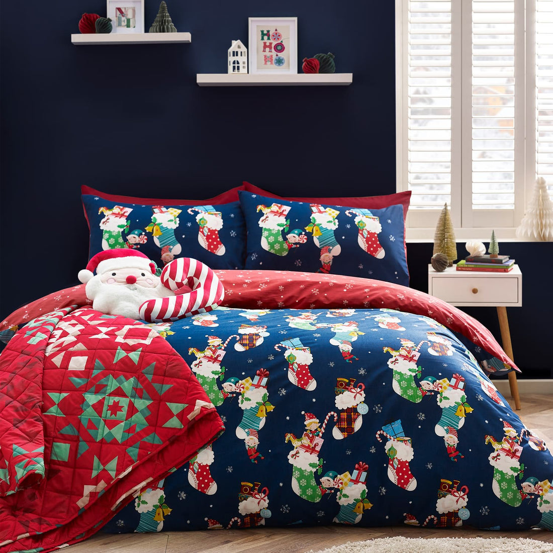 Catherine Lansfield Christmas Elves Festive Duvet Cover Set - Navy Blue