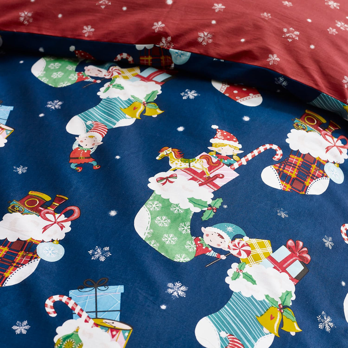 Catherine Lansfield Christmas Elves Festive Duvet Cover Set - Navy Blue - Christmas Elves Duvet Set