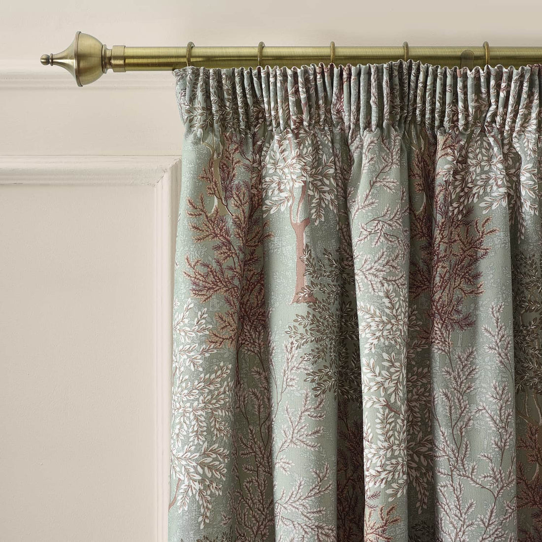 Catherine Lansfield Woodland Trees Green Thermal Dimout Pencil Pleat Tape Top Curtains