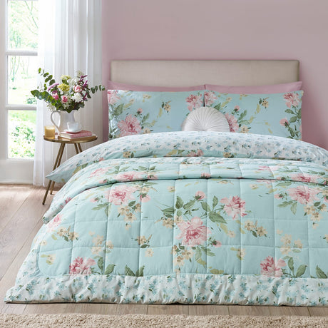 Catherine Lansfield Avebury Floral Bedspread - Avebury Floral Duck Egg Bedspread