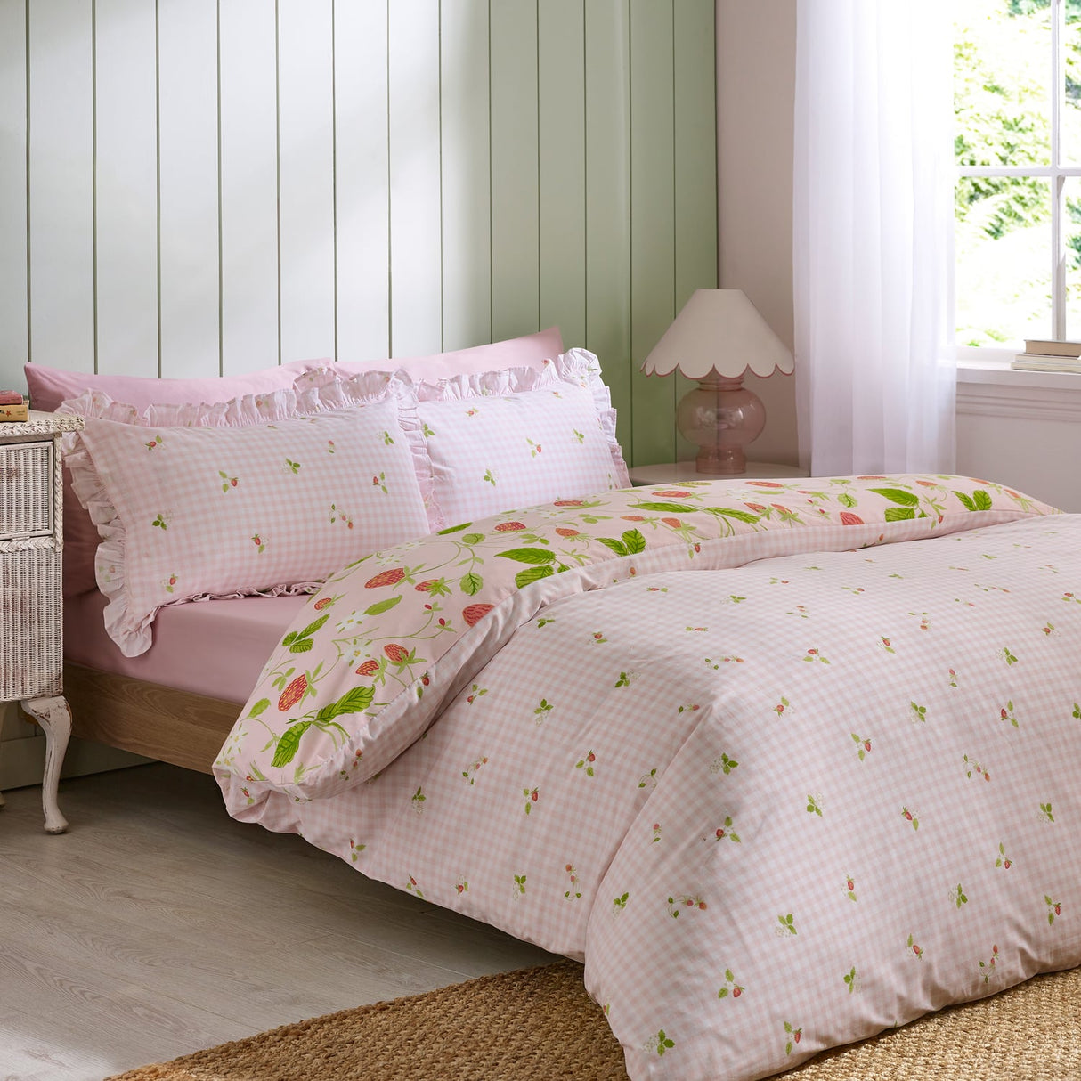 Catherine Lansfield Strawberry Frills Gingham Reversible Duvet Cover Set - Strawberry Frills Duvet Set