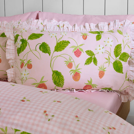 Catherine Lansfield Strawberry Frills Gingham Reversible Duvet Cover Set - Strawberry Frills Duvet Set