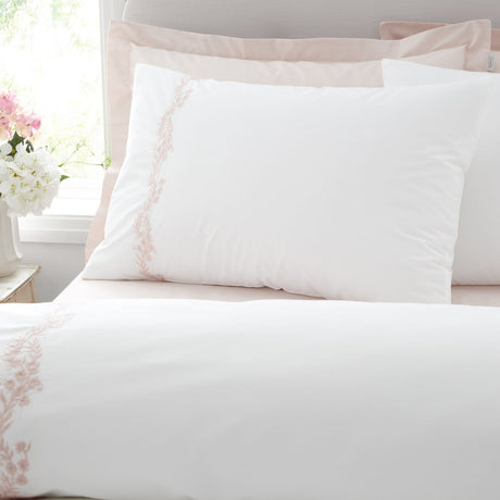 Bianca Fine Linens Camille Embroidered Floral White + Pink 100% Cotton Duvet Cover Bedding Set
