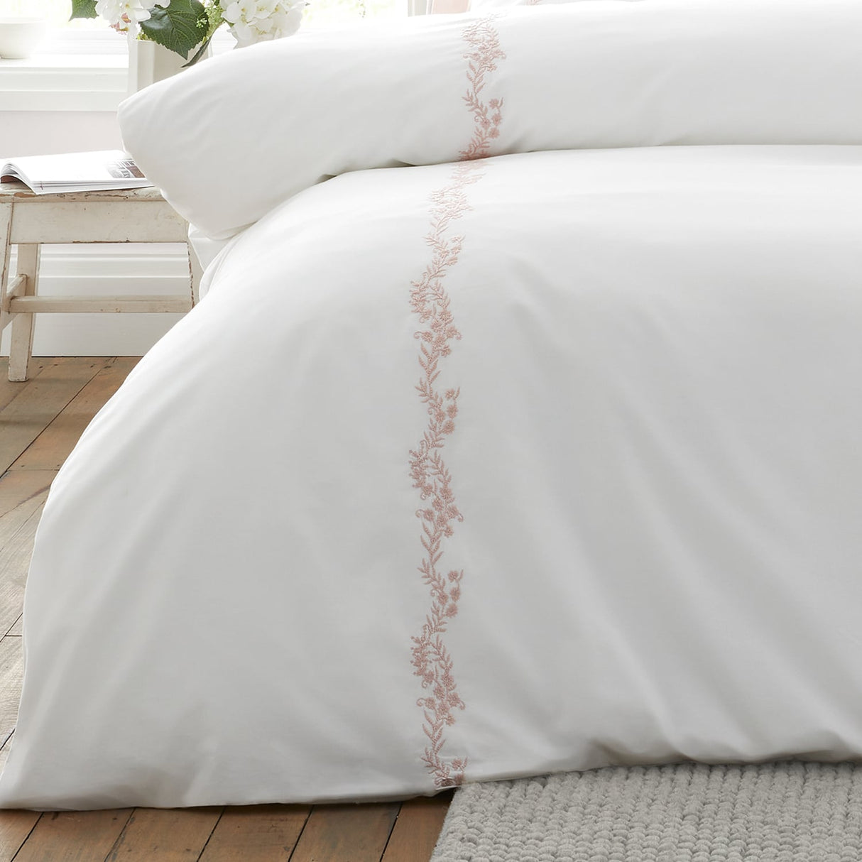 Bianca Fine Linens Camille Embroidered Floral White + Pink 100% Cotton Duvet Cover Bedding Set