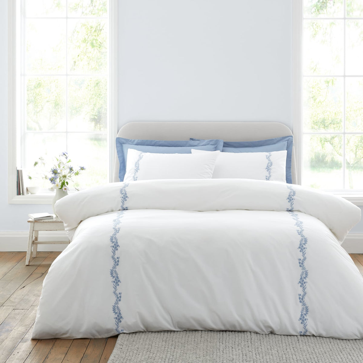 Bianca Fine Linens Camille Embroidered Floral White / Blue 100% Cotton Duvet Cover Bedding Set