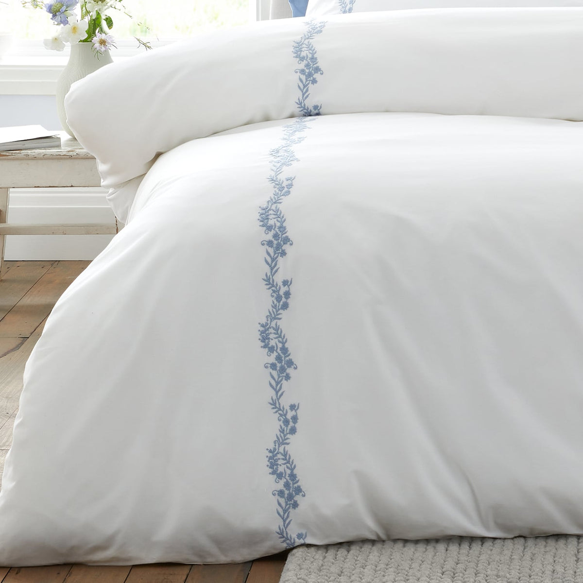 Bianca Fine Linens Camille Embroidered Floral White / Blue 100% Cotton Duvet Cover Bedding Set