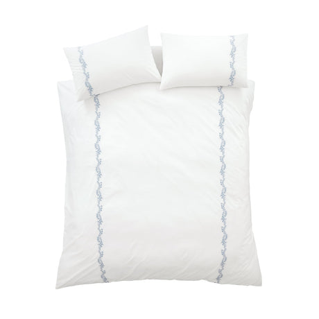 Bianca Fine Linens Camille Embroidered Floral White / Blue 100% Cotton Duvet Cover Bedding Set