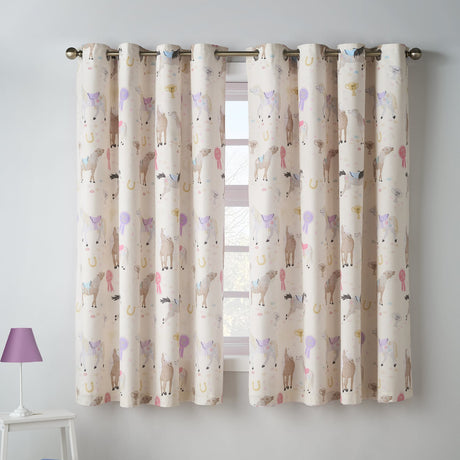 Catherine Lansfield Happy Horses Kids Reversible Eyelet Curtains Cream 66x72 Polycotton