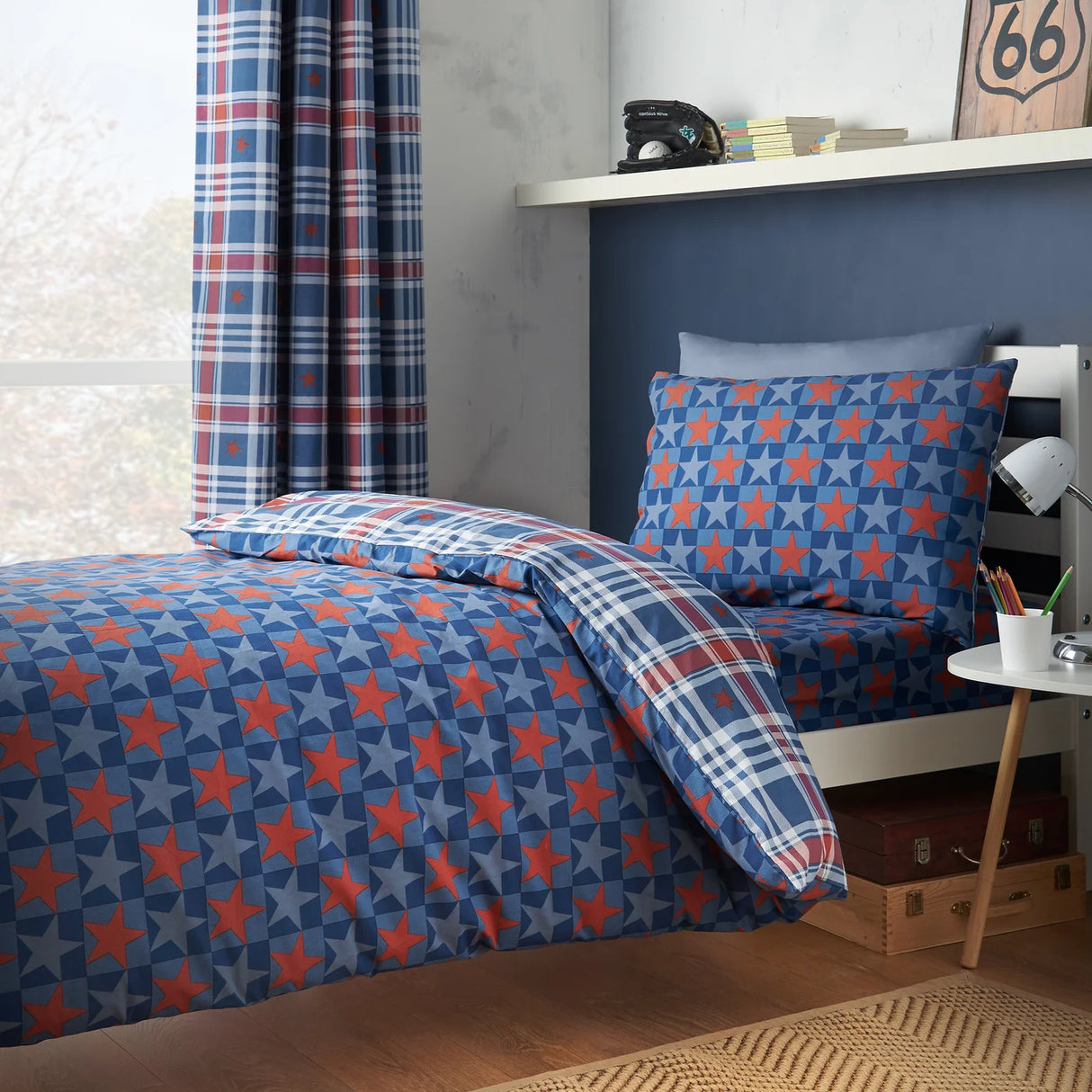 Catherine Lansfield Stars And Check Reversible Duvet Cover Set with Pillowcase