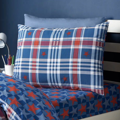 Catherine Lansfield Stars And Check Reversible Duvet Cover Set with Pillowcase