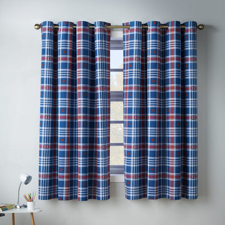 Catherine Lansfield Kids Stars and Check Reversible 66x72 Eyelet Curtains Polycotton - Blue