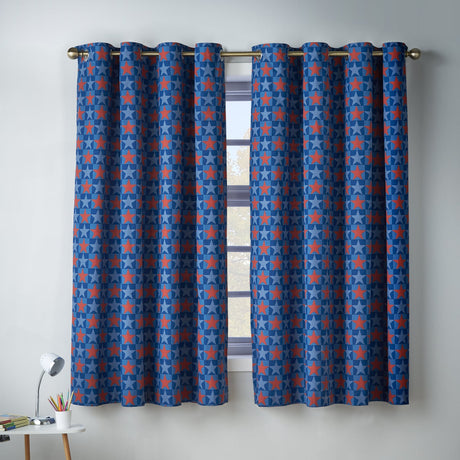 Catherine Lansfield Kids Stars and Check Reversible 66x72 Eyelet Curtains Polycotton - Blue - Stars And Check Curtains