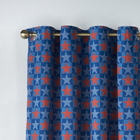 Catherine Lansfield Kids Stars and Check Reversible 66x72 Eyelet Curtains Polycotton - Blue - Stars And Check Curtains