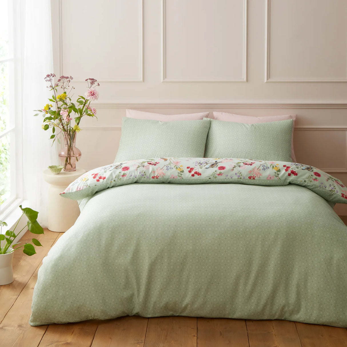 RHS x Catherine Lansfield Birds In Bloom Green So Soft Duvet Cover Set 3