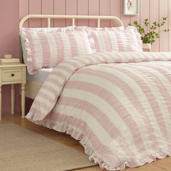 Catherine Lansfield Seersucker Frill Stripe Pink Duvet Cover Bedding Set