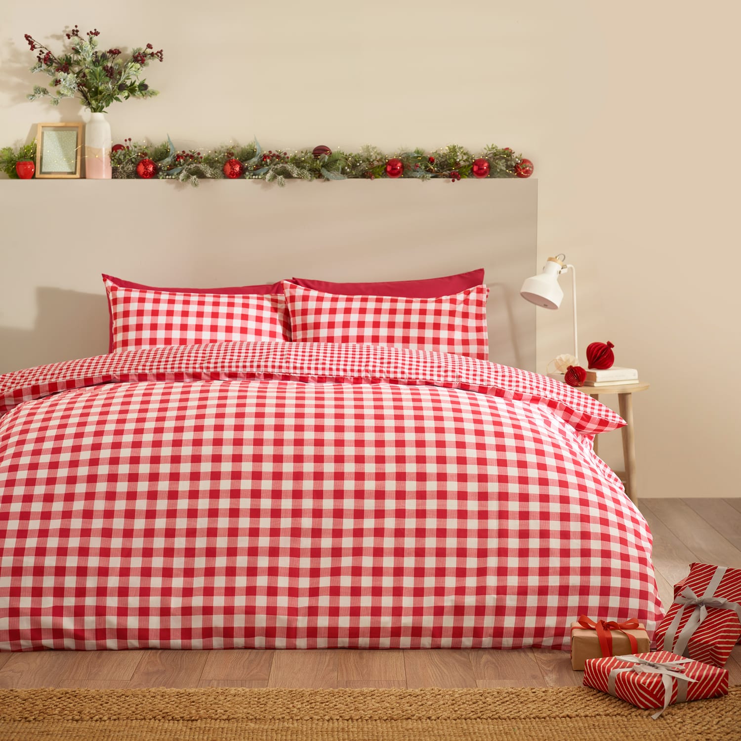 Catherine Lansfield Bamford Gingham Check Duvet Cover Set - Bamford Gingham Red Duvet Set (Christmas)