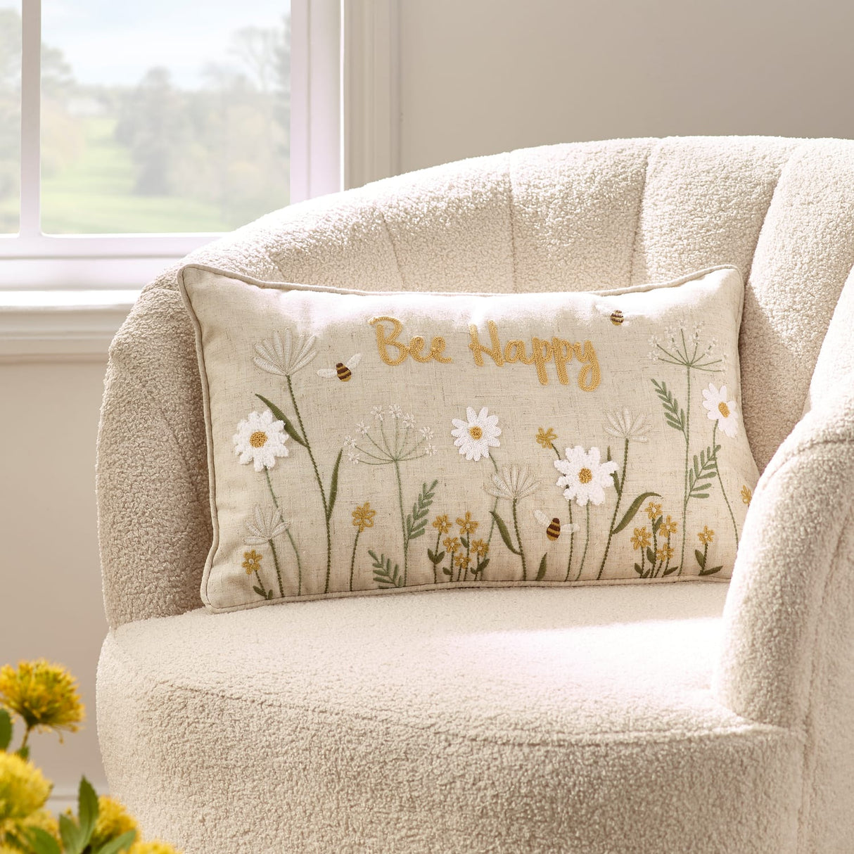 Catherine Lansfield Bee Happy Embroidered 30x50cm Filled Cushion - Natural