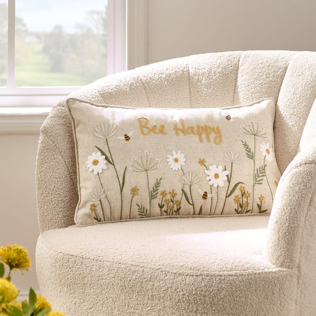 Catherine Lansfield Bee Happy Embroidered 30x50cm Filled Cushion - Natural