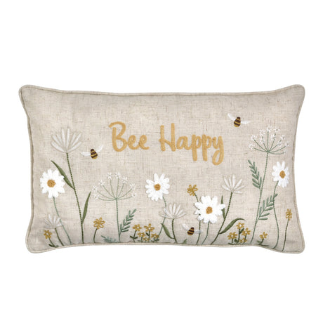Catherine Lansfield Bee Happy Embroidered 30x50cm Filled Cushion - Natural - Bee Happy Cushion