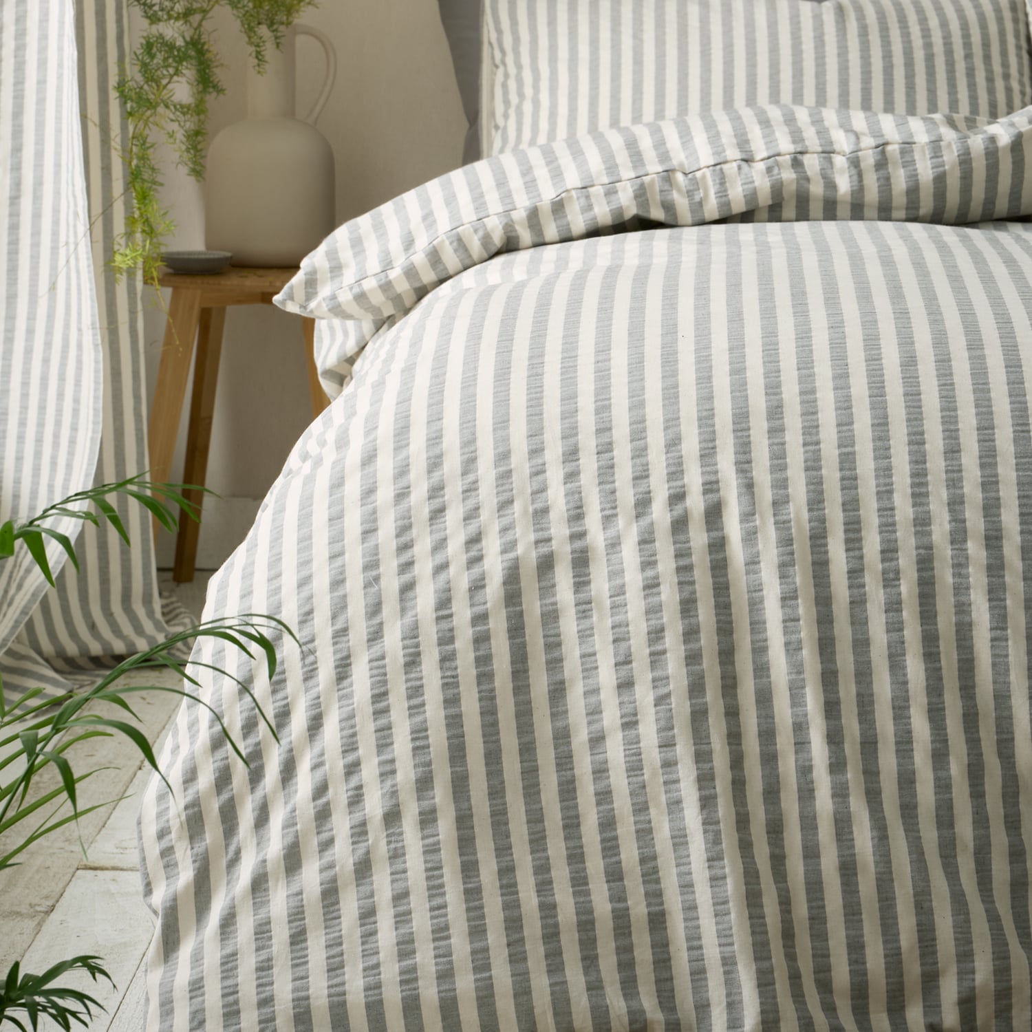 Pineapple Elephant Rich Woven Stripe Grey Cotton Duvet Cover Bedding Set - Cotton Rich Woven Stripe Grey