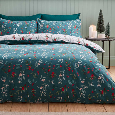 Brushed Christmas Holly & Mistletoe Duvet Cover Set by Catherine Lansfield