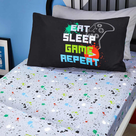 Game 28cm Deep Glow in the Dark Kids Gaming Fitted Sheet - Black