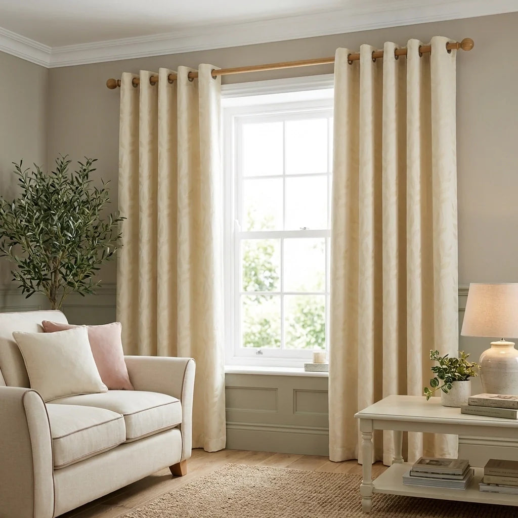 Tivoli Leaf Jacquard Lined Cream Eyelet Curtains