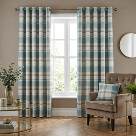 Balmoral Tartan Check Eyelet Curtains Ready Made - Duck Egg