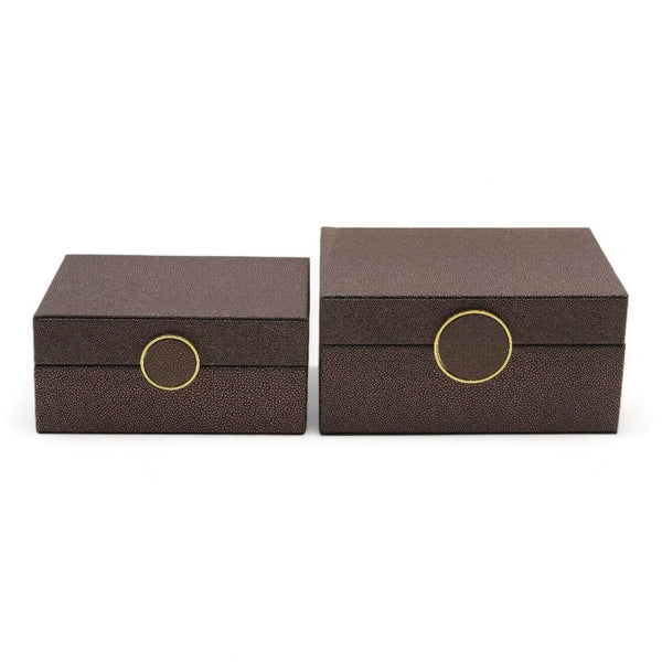 Set of 2 Black and Copper Faux Litchi Jewellery Boxes with Gold Ring Handle - 12.5cm