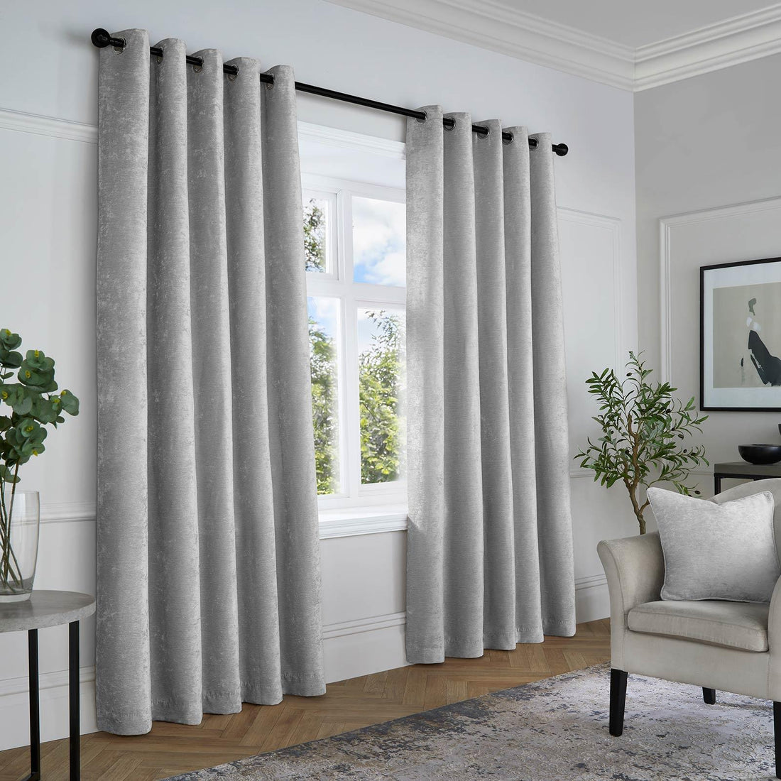 Textured Grey Chenille Thermal Blackout Eyelet Curtains
