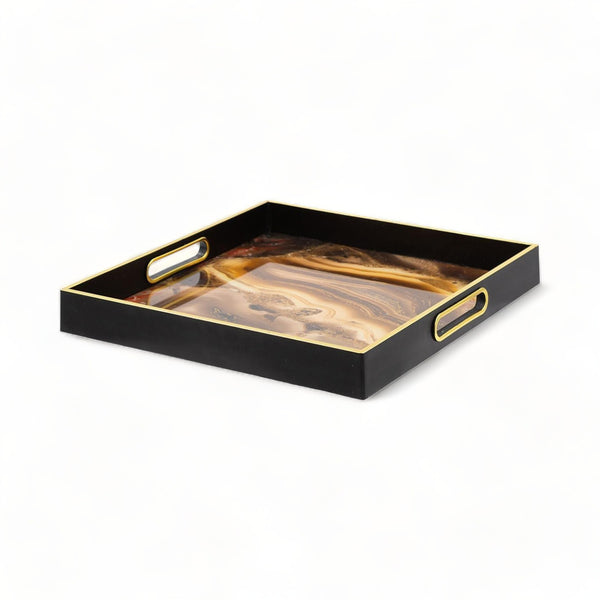 Black & Gold Agate Effect Square Tray