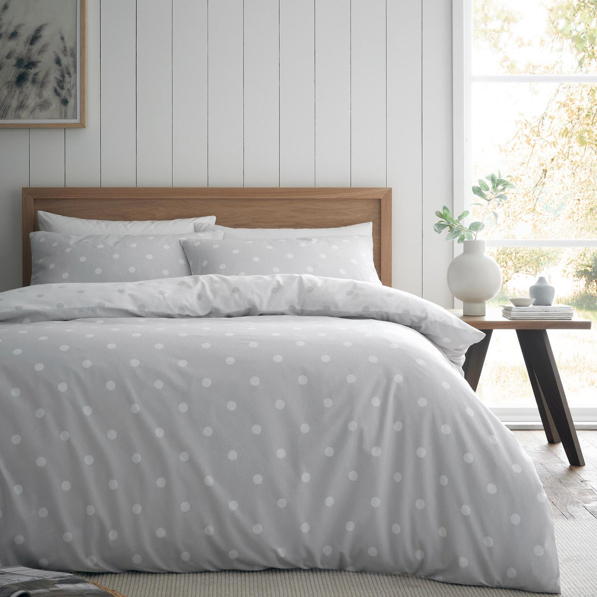 Catherine Lansfield Brushed Polka Dot Cotton Flannelette Duvet Cover Set - Grey