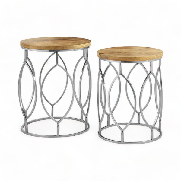 Set of 2 Silver Metallic Side Tables with Mango Wood