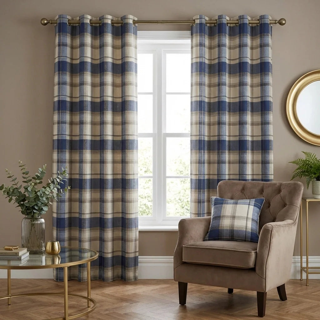 Balmoral Tartan Check Navy 100% Cotton Eyelet Curtains