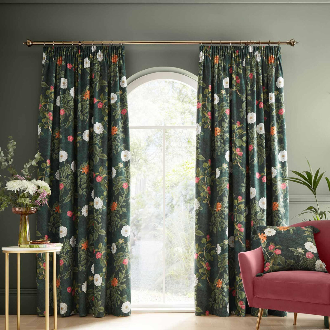 RHS Arcadia Floral Velvet Pencil Pleat Curtains