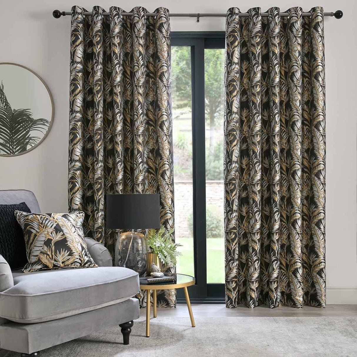Laurence Llewelyn-Bowen Paradise Palm Ready Made Eyelet Curtains - Black
